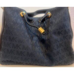 Michael Kors MK Jacquard Canvas Leather Large Drawstring Shoulder Tote Bag Purse